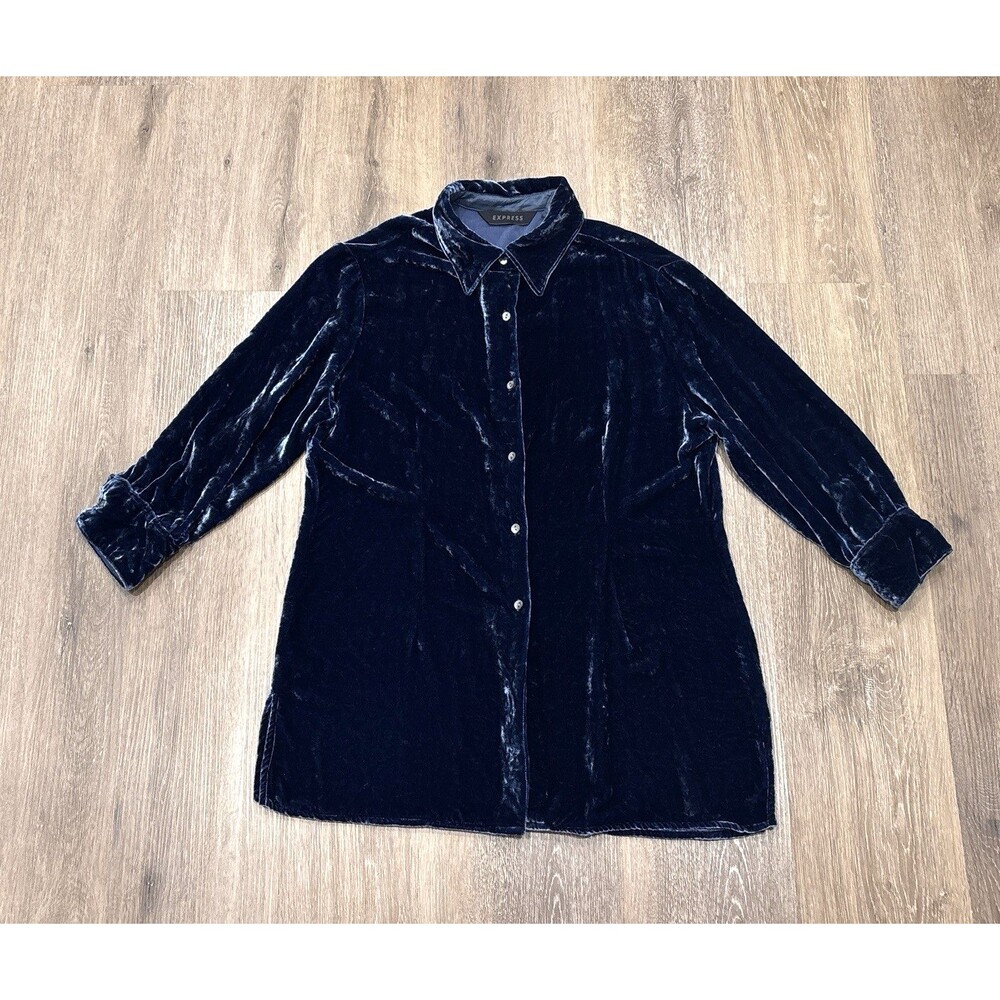 Vintage Y2K Express Top Womens Large Blue Velvet Tunic Whimsigoth Silk Blend